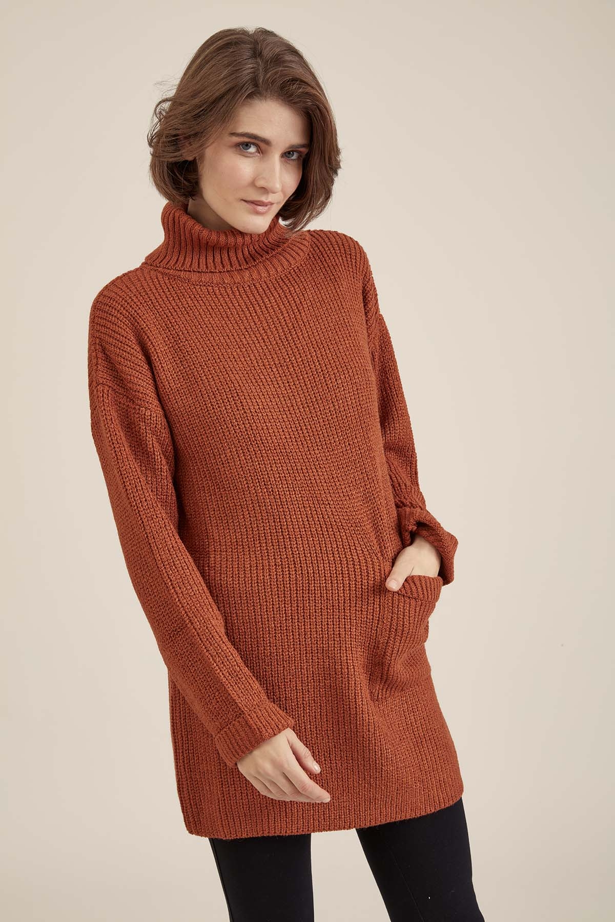 Önde Cep Detaylı Uzun Triko Kazak - Thumbnail