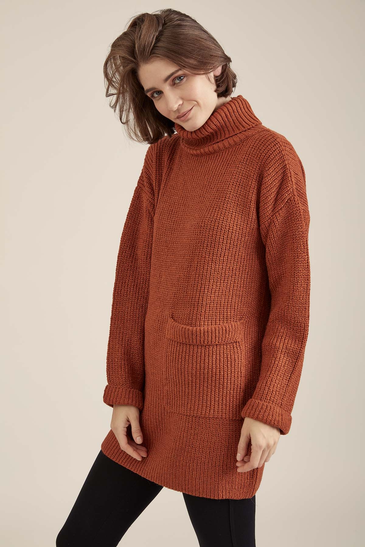 Önde Cep Detaylı Uzun Triko Kazak - Thumbnail