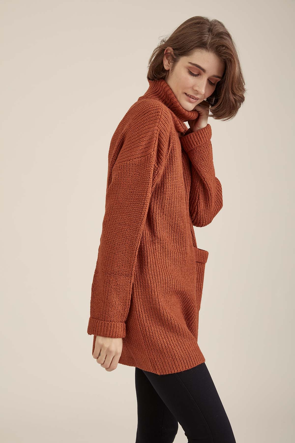 Önde Cep Detaylı Uzun Triko Kazak - Thumbnail