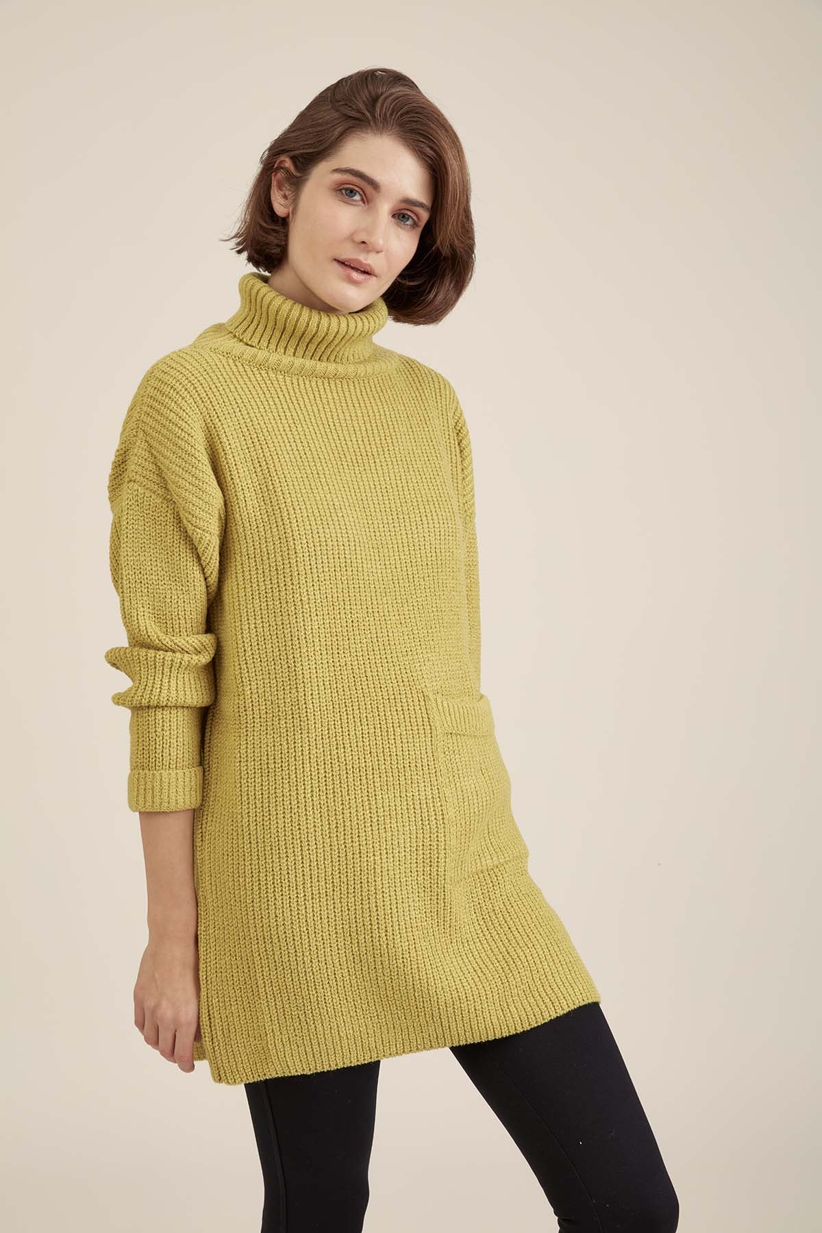 Önde Cep Detaylı Uzun Triko Kazak - Thumbnail