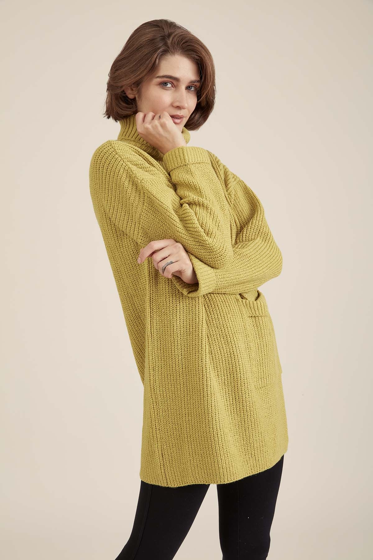 Önde Cep Detaylı Uzun Triko Kazak - Thumbnail