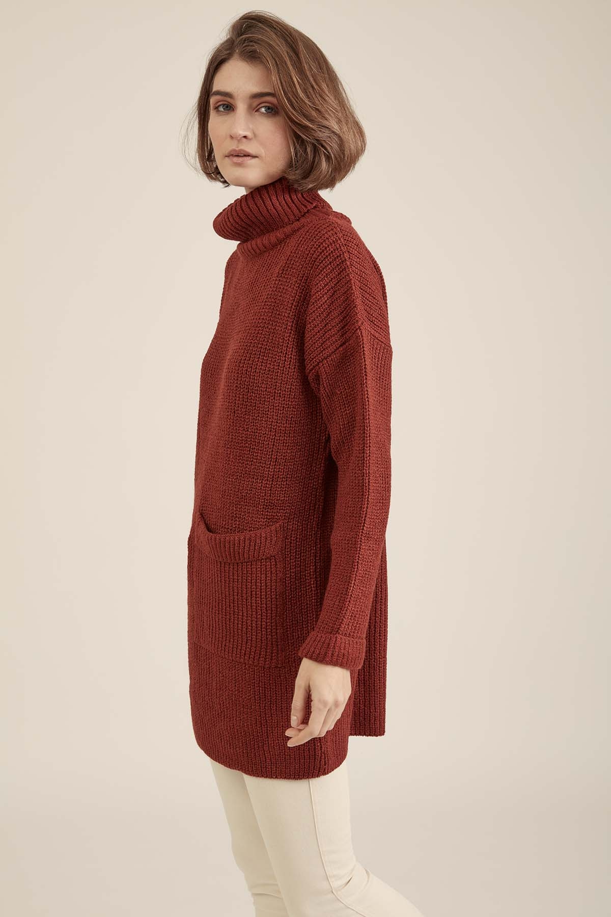 Önde Cep Detaylı Uzun Triko Kazak - Thumbnail