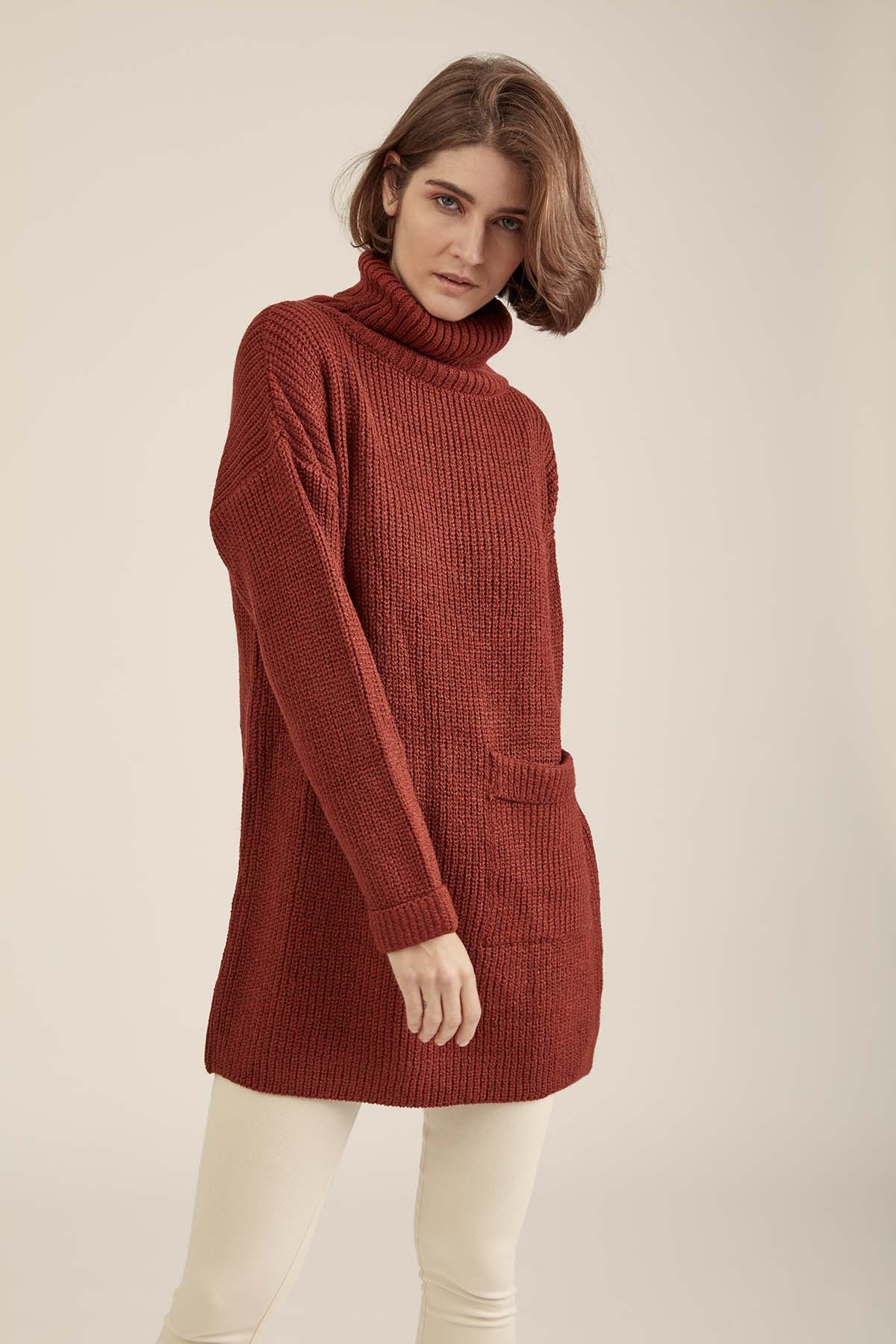 Önde Cep Detaylı Uzun Triko Kazak - Thumbnail