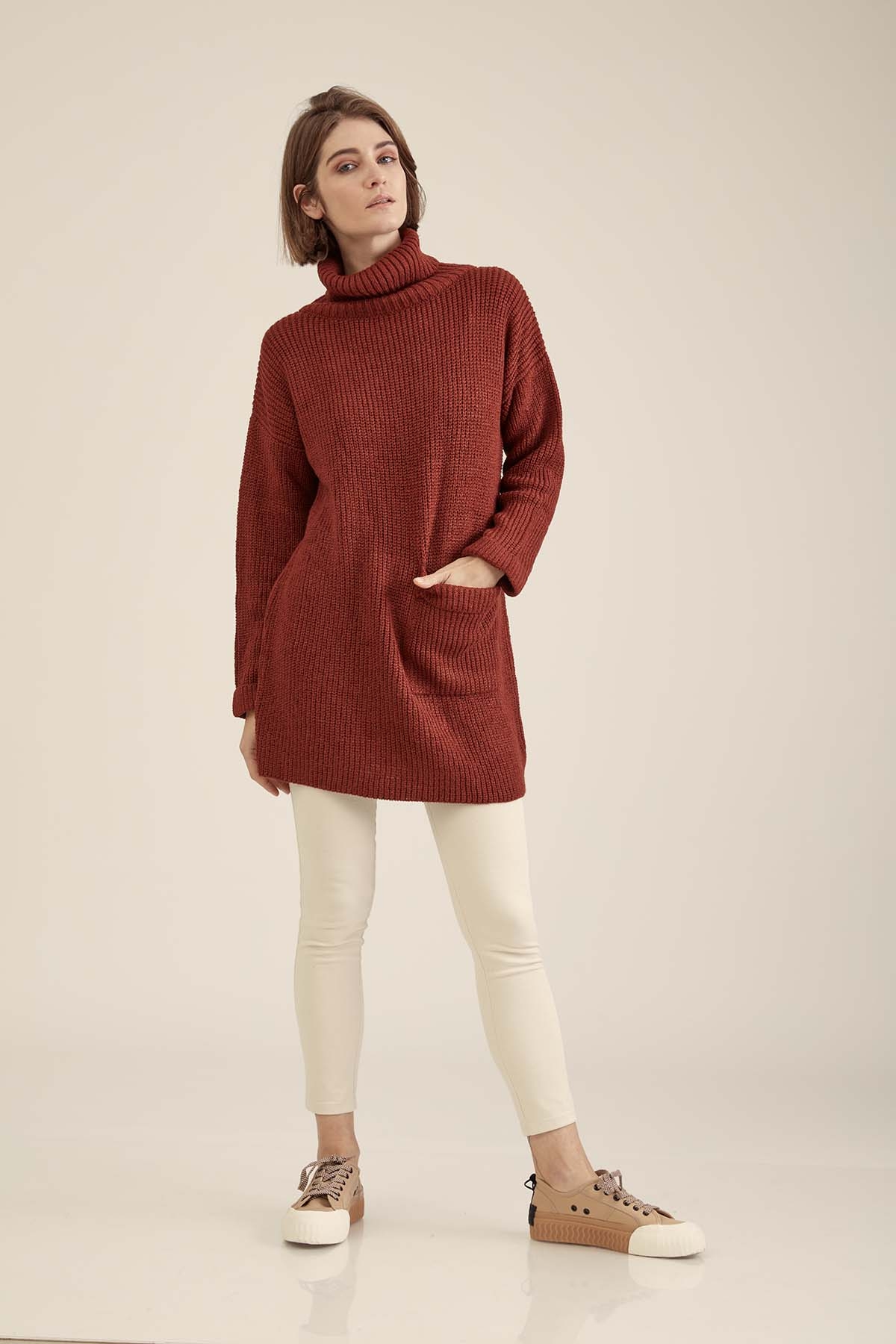 Önde Cep Detaylı Uzun Triko Kazak - Thumbnail