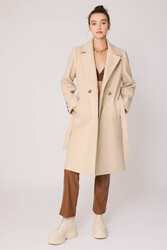 Önden Düğmeli Beli Kuşaklı Uzun Kaşe Kaban - 9