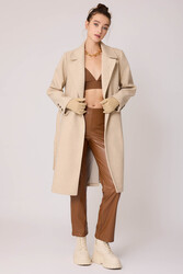 Önden Düğmeli Beli Kuşaklı Uzun Kaşe Kaban - 10