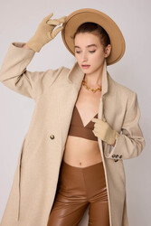 Önden Düğmeli Beli Kuşaklı Uzun Kaşe Kaban - 14