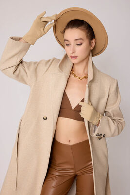 Önden Düğmeli Beli Kuşaklı Uzun Kaşe Kaban - Thumbnail (13)