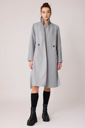 Önden Düğmeli Beli Kuşaklı Uzun Kaşe Kaban - 18