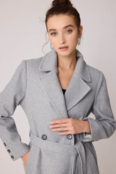 Önden Düğmeli Beli Kuşaklı Uzun Kaşe Kaban - 21