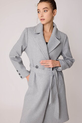 Önden Düğmeli Beli Kuşaklı Uzun Kaşe Kaban - 17