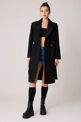 Önden Düğmeli Beli Kuşaklı Uzun Kaşe Kaban - 23