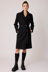 Önden Düğmeli Beli Kuşaklı Uzun Kaşe Kaban - 24