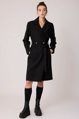 Önden Düğmeli Beli Kuşaklı Uzun Kaşe Kaban - Thumbnail (23)