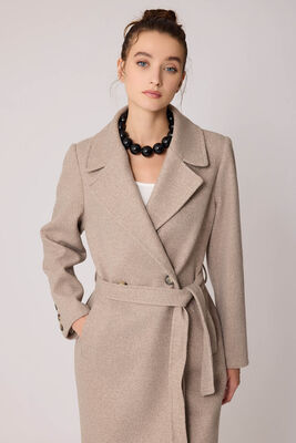 Önden Düğmeli Beli Kuşaklı Uzun Kaşe Kaban - 31