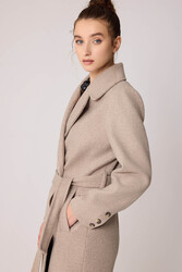 Önden Düğmeli Beli Kuşaklı Uzun Kaşe Kaban - 32
