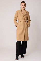 Önden Düğmeli Beli Kuşaklı Uzun Kaşe Kaban - 35