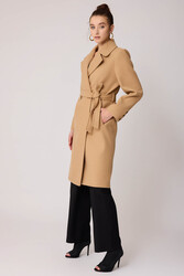 Önden Düğmeli Beli Kuşaklı Uzun Kaşe Kaban - 36