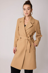 Önden Düğmeli Beli Kuşaklı Uzun Kaşe Kaban - 37