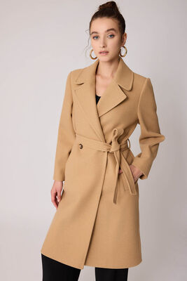 Önden Düğmeli Beli Kuşaklı Uzun Kaşe Kaban - 37