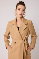 Önden Düğmeli Beli Kuşaklı Uzun Kaşe Kaban - 38