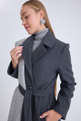 Önden Düğmeli Beli Kuşaklı Uzun Kaşe Kaban - Thumbnail (3)