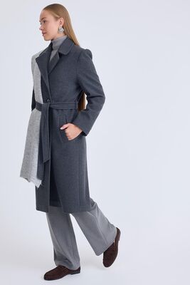 Önden Düğmeli Beli Kuşaklı Uzun Kaşe Kaban - Thumbnail (4)