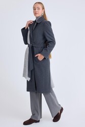 Önden Düğmeli Beli Kuşaklı Uzun Kaşe Kaban - 7