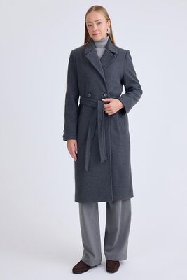 Önden Düğmeli Beli Kuşaklı Uzun Kaşe Kaban - Thumbnail (2)