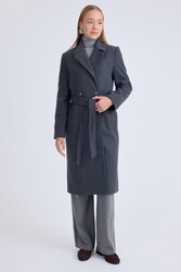 Önden Düğmeli Beli Kuşaklı Uzun Kaşe Kaban - 8