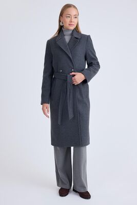 Önden Düğmeli Beli Kuşaklı Uzun Kaşe Kaban - Thumbnail (7)