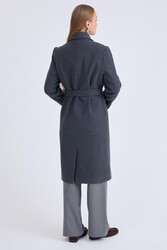 Önden Düğmeli Beli Kuşaklı Uzun Kaşe Kaban - 6