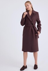 Önden Düğmeli Beli Kuşaklı Uzun Kaşe Kaban - 42