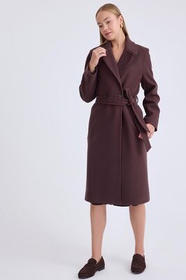 Önden Düğmeli Beli Kuşaklı Uzun Kaşe Kaban - 42