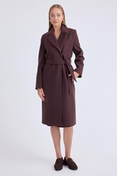 Önden Düğmeli Beli Kuşaklı Uzun Kaşe Kaban - 41