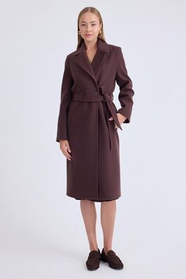 Önden Düğmeli Beli Kuşaklı Uzun Kaşe Kaban - 41