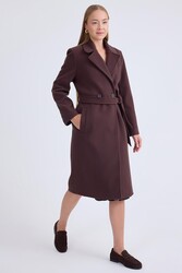 Önden Düğmeli Beli Kuşaklı Uzun Kaşe Kaban - 43