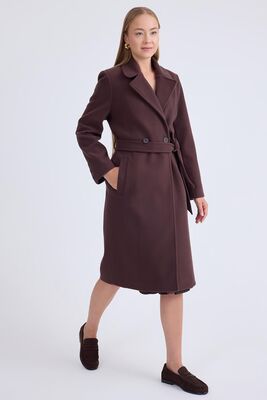 Önden Düğmeli Beli Kuşaklı Uzun Kaşe Kaban - 43