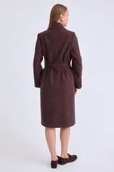 Önden Düğmeli Beli Kuşaklı Uzun Kaşe Kaban - 45