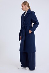 Önden Düğmeli Beli Kuşaklı Uzun Kaşe Kaban - 47