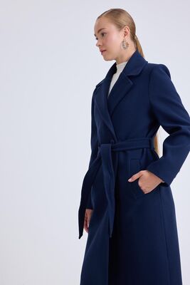 Önden Düğmeli Beli Kuşaklı Uzun Kaşe Kaban - 48