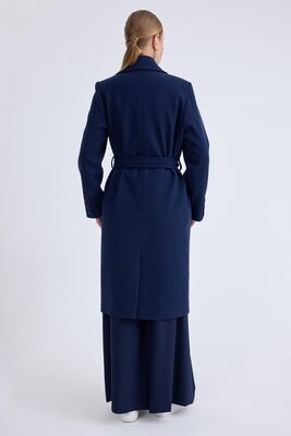 Önden Düğmeli Beli Kuşaklı Uzun Kaşe Kaban - 50