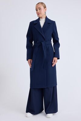 Önden Düğmeli Beli Kuşaklı Uzun Kaşe Kaban - 46