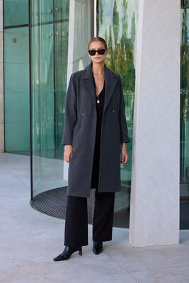 VİTRİN - Önden Düğmeli Beli Kuşaklı Uzun Kaşe Kaban (1)