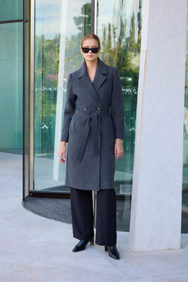 VİTRİN - Önden Düğmeli Beli Kuşaklı Uzun Kaşe Kaban