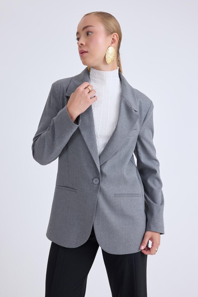 Önden Tek Düğme Kapamalı Blazer Ceket - 46