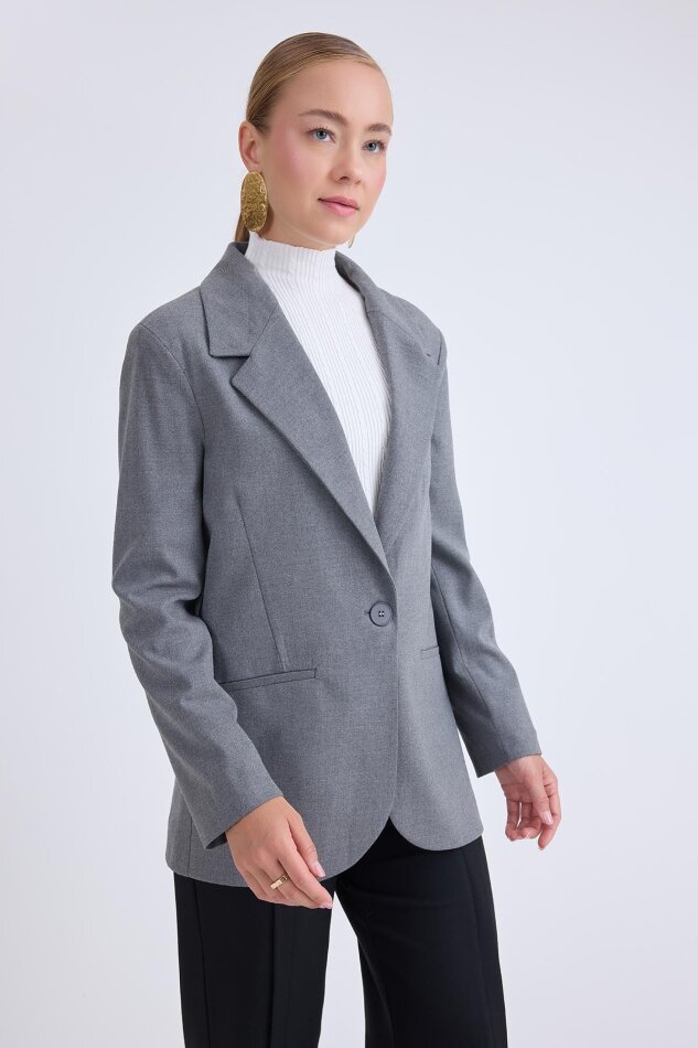 Önden Tek Düğme Kapamalı Blazer Ceket - 48