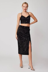 Önden Yırtmaçlı Pullu Etek - 1