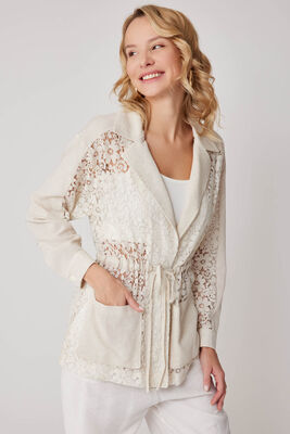 Önü Bağlamalı Çiçek Desenli Transparan Ceket - 6