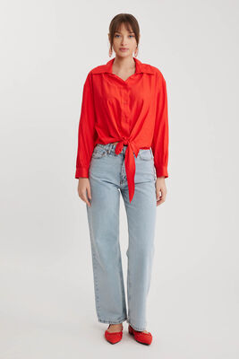 Önü Bağlamalı Düşük Omuz Uzun Kol Gömlek - 9